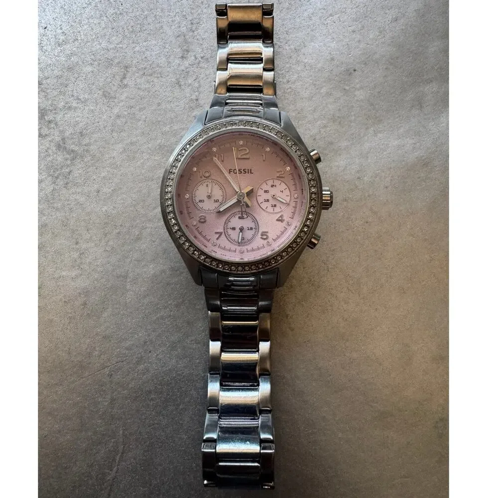 Fossil Pink Chronograph Watch Crystal Bezel Stainless Steel -Needs Battery